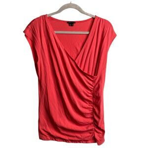 Theory Women's Coral Pink Ruched Cotton V Neck Top Size L Stretchy Draped Basics